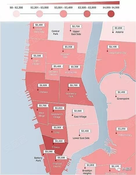 纽约曼哈顿及布鲁克林威廉斯堡地区房价地图