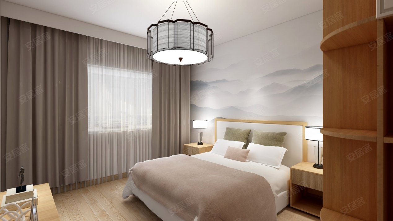 主卧室床背景搭配山水墙布,中式韵味更足.