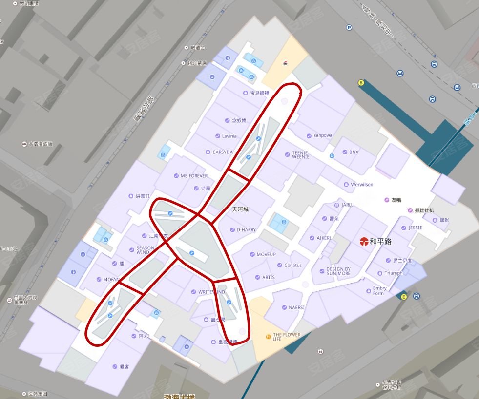 针对大进深的商业平面,除双街环形外,还有另一种解决思路,即是通过